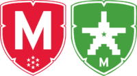 Two shields are positioned side by side. The shield on the left belongs to the University of Marylands Honors College; it is red with a large white 'M' in the center, with 7 white stars below. The shield on the right belongs to the Design Cultures and Creativity living-learning program; it is green, with a large white star in the center, and a small letter 'M' in white below.