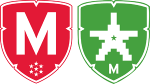 Two shields are positioned side by side. The shield on the left belongs to the University of Marylands Honors College; it is red with a large white 'M' in the center, with 7 white stars below. The shield on the right belongs to the Design Cultures and Creativity living-learning program; it is green, with a large white star in the center, and a small letter 'M' in white below.